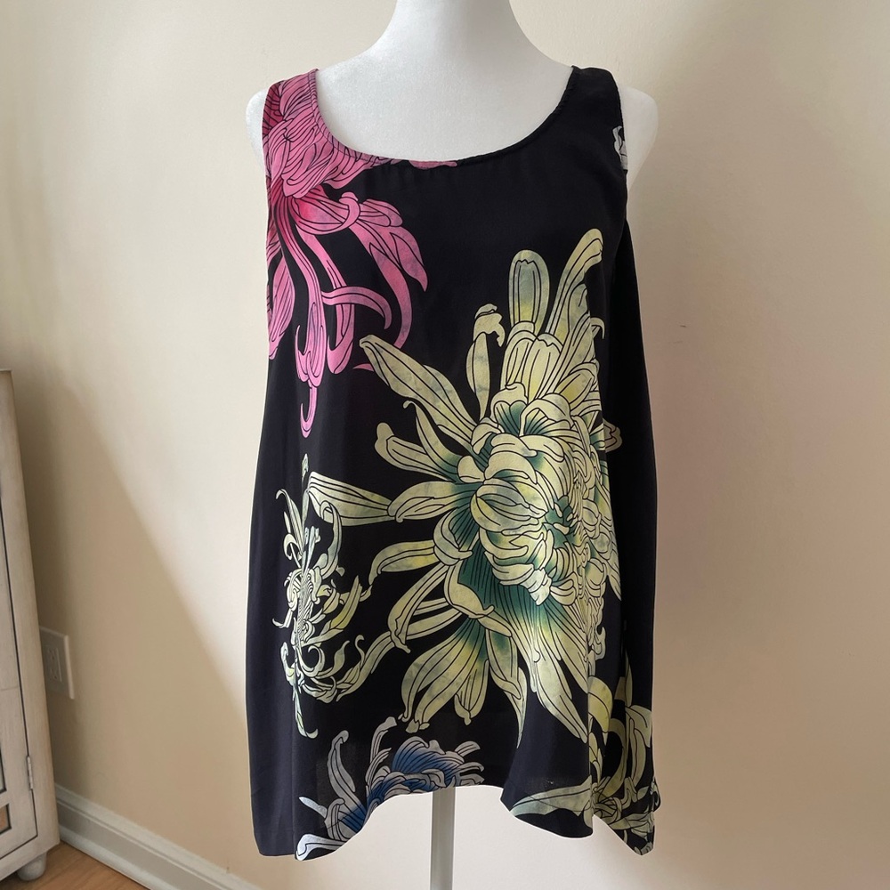Floral Sleeveless Top - Black with Multicolor Design